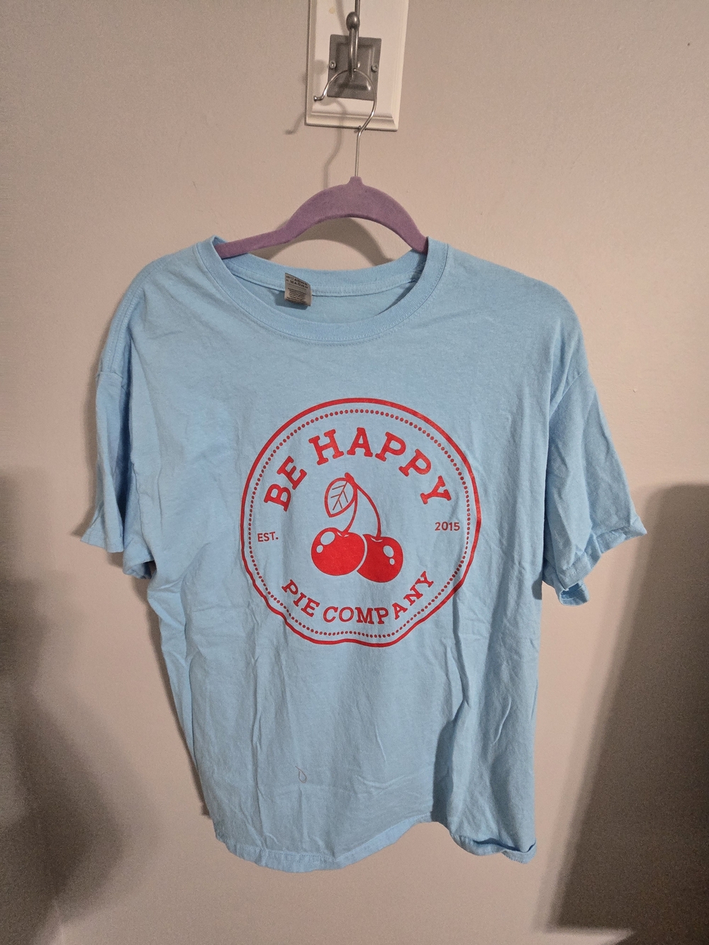 Gildan Light Blue Tee with Red Cherry 'Be Happy' Graphic - Picture 2 of 4